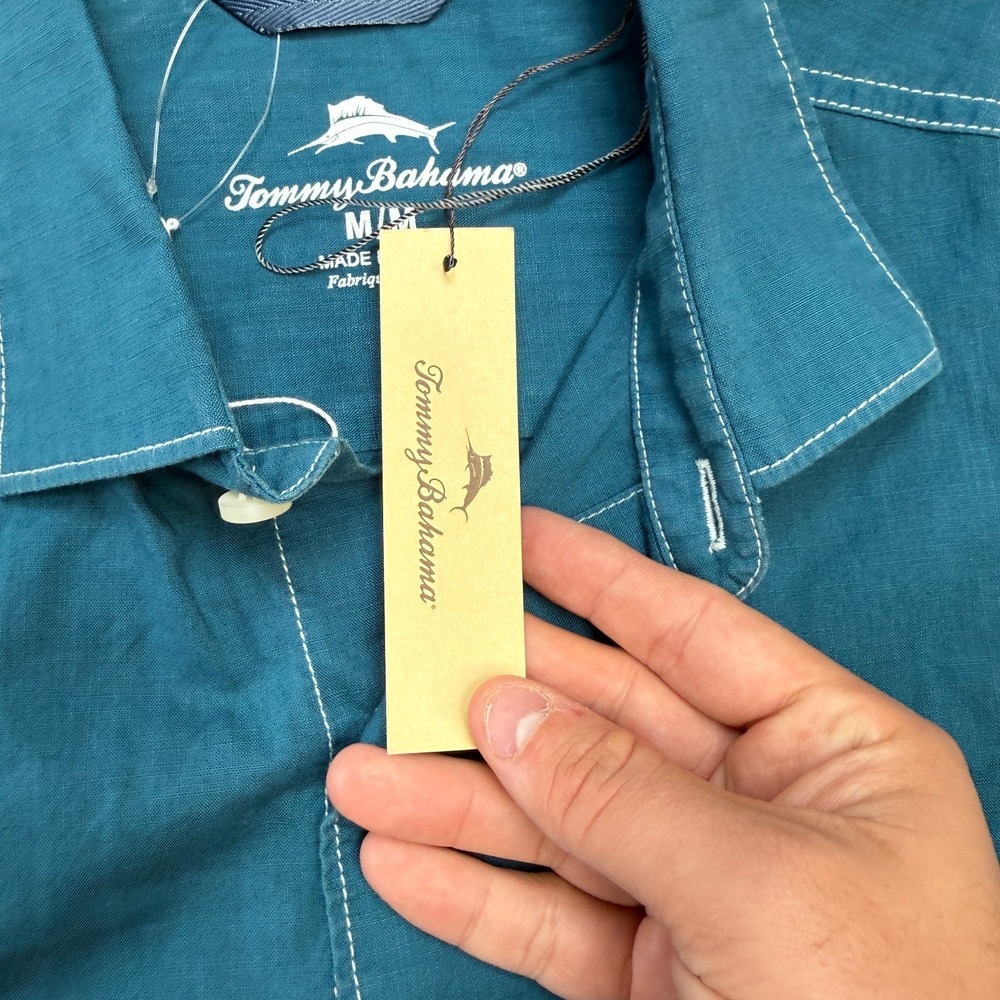 Tommy Bahama Shirt Mens Medium Dark Teal Blue Cotton Button Up Resort Travel - Picture 6 of 12